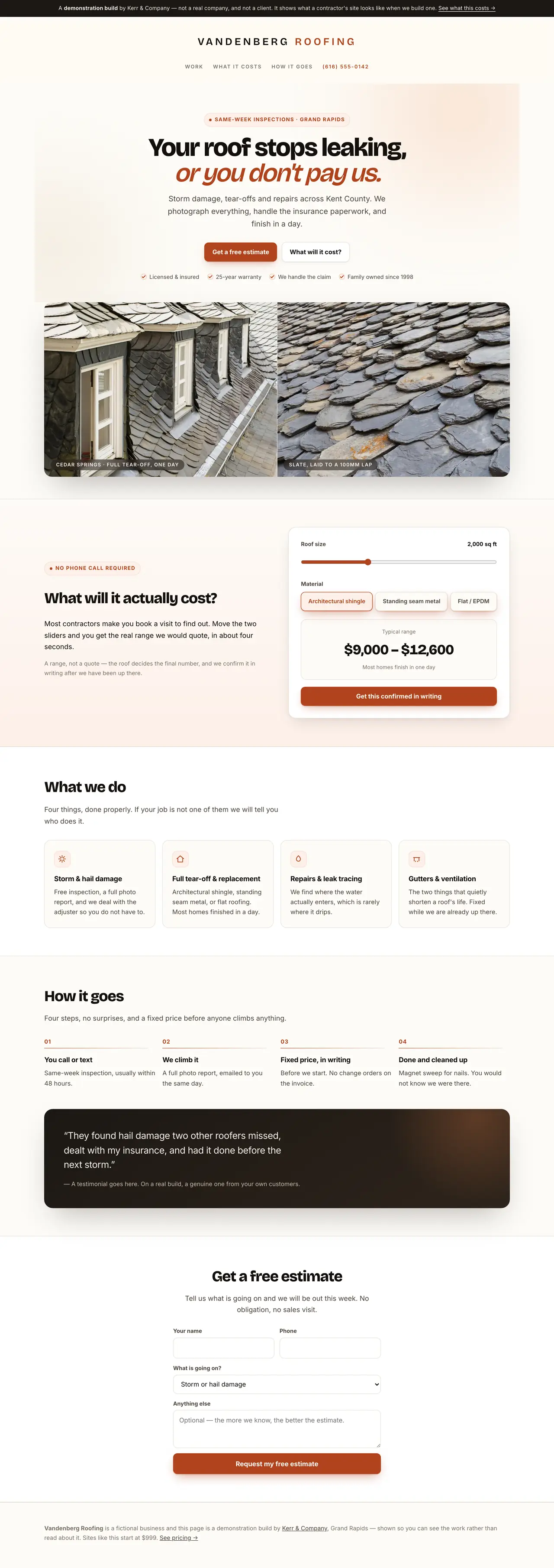 Vandenberg Roofing, a demo website built for a fictional roofing company